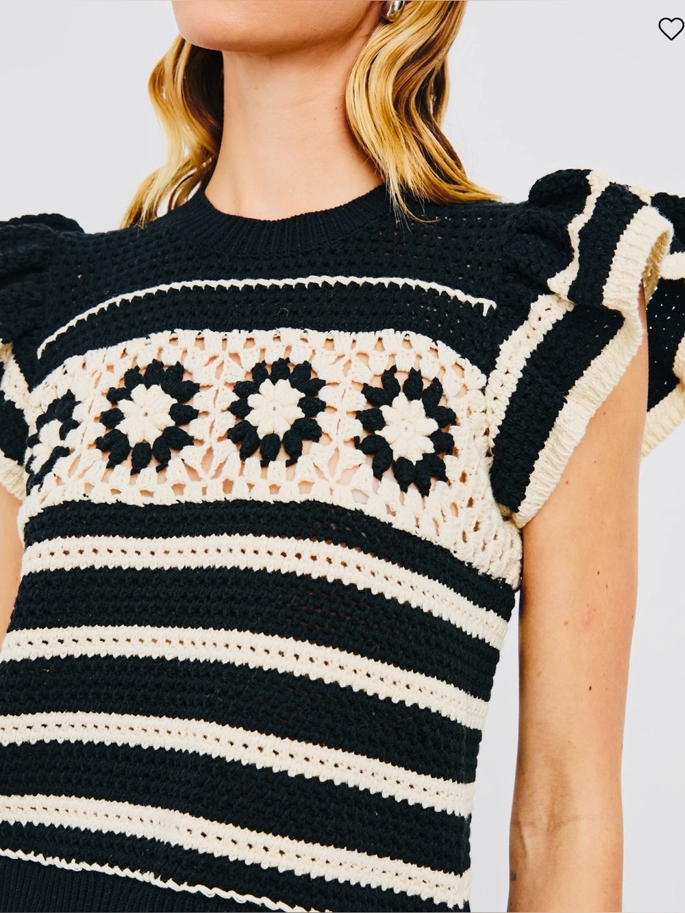 Rails Black and Cream Crochet Puff-Sleeve Knit Top small NWT orig $188